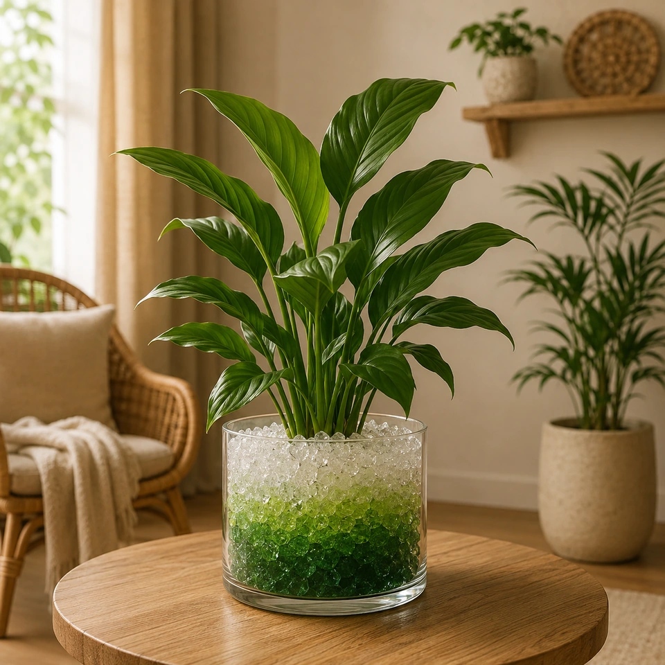 Plante verte présentée dans des cristaux transparents et verts