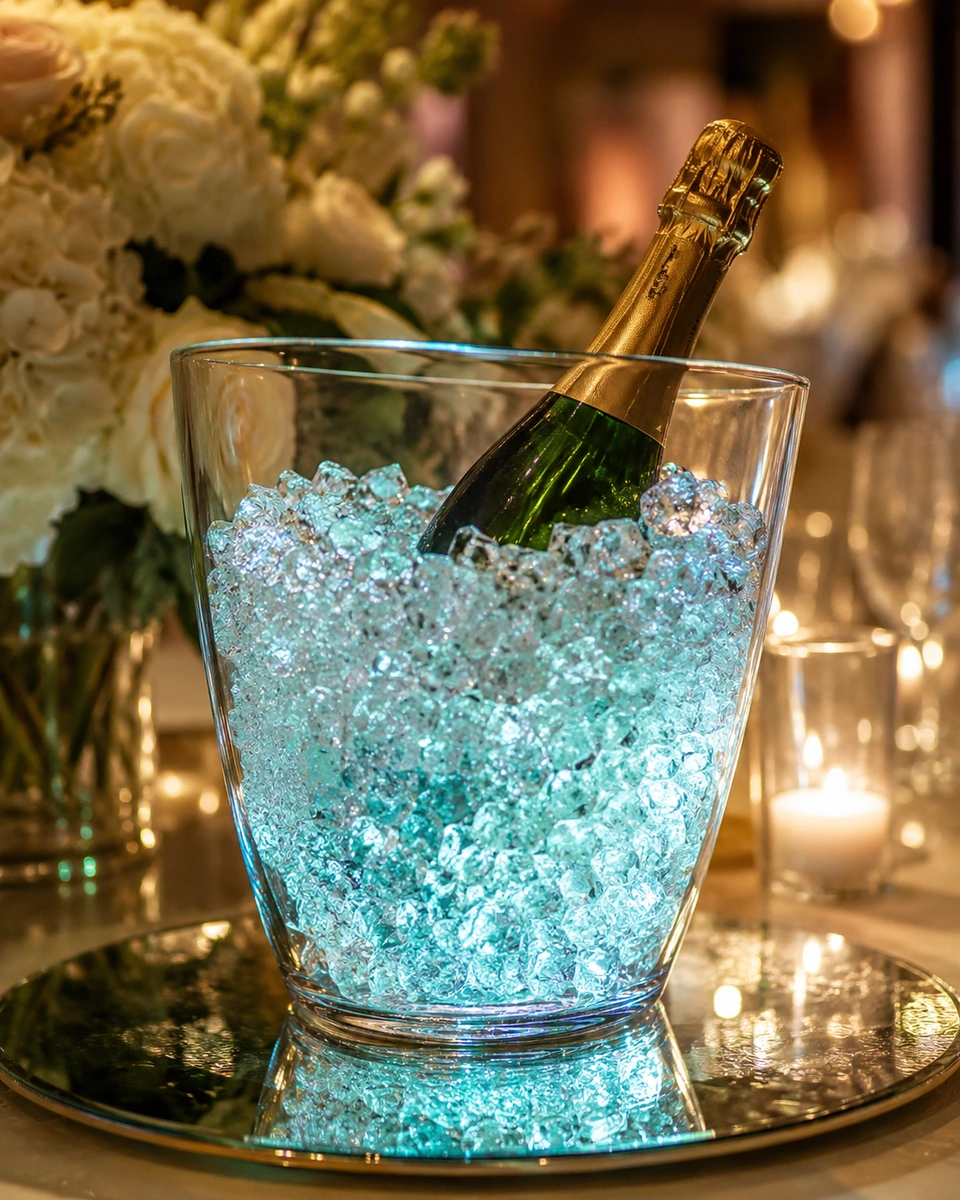 Bouteille présentée dans un vase de cristaux turquoise lors d’une réception