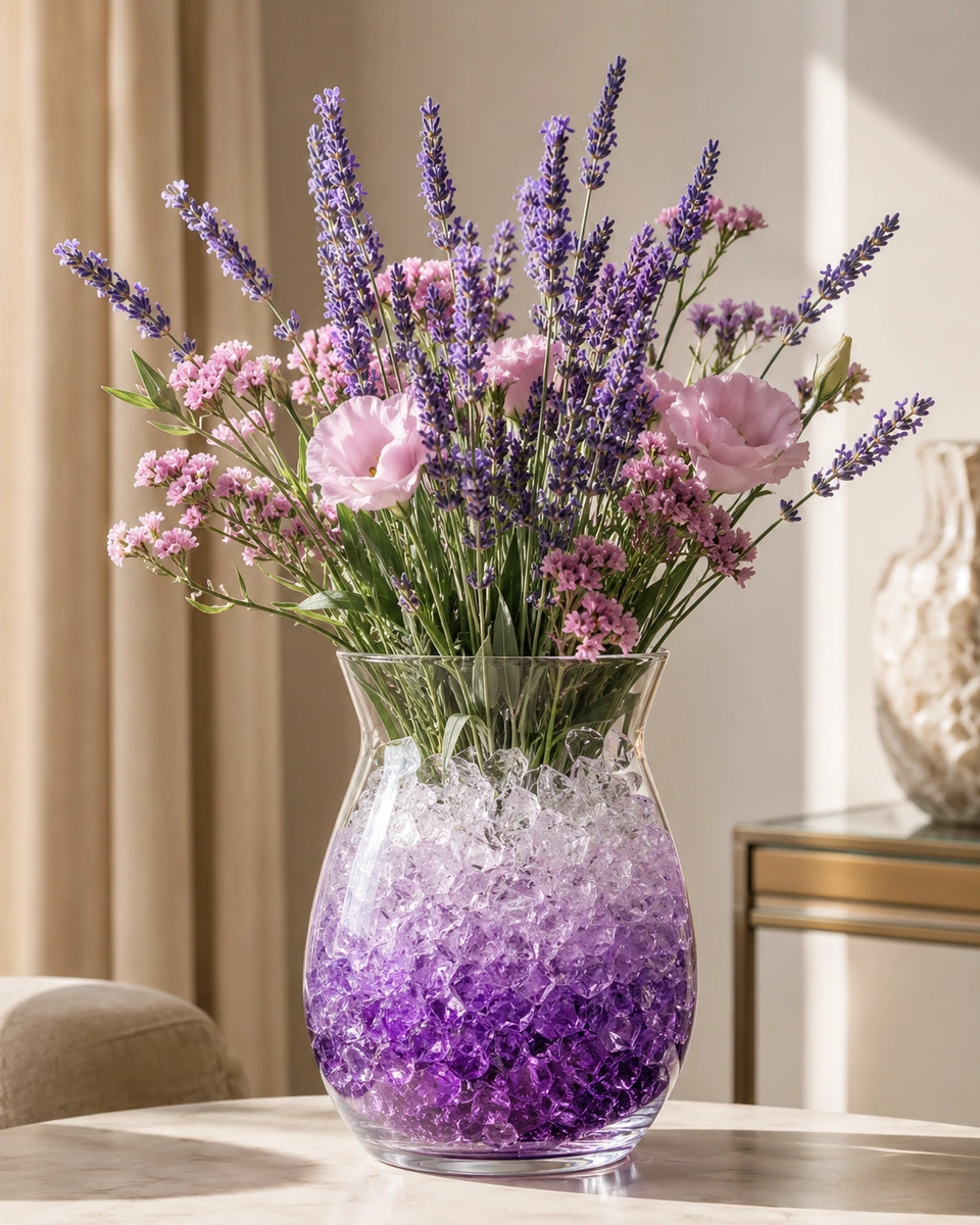 Bouquet violet et rose dans un vase de cristaux en dégradé violet