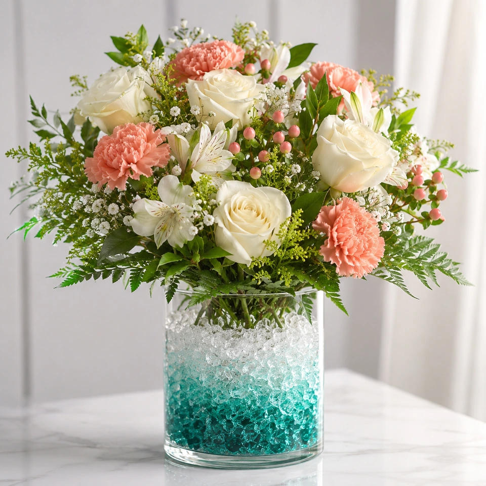 Vase transparent garni d’un dégradé de cristaux turquoise et d’un bouquet floral