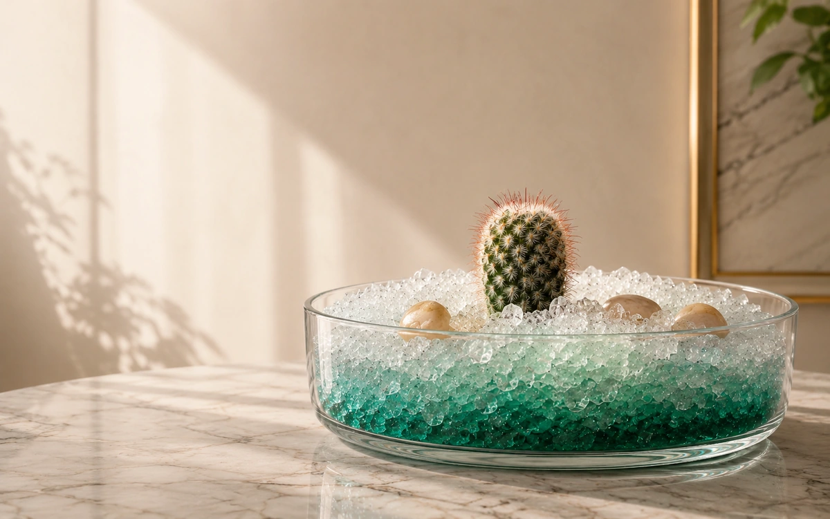 Cactus présenté dans une large vasque de cristaux en dégradé turquoise