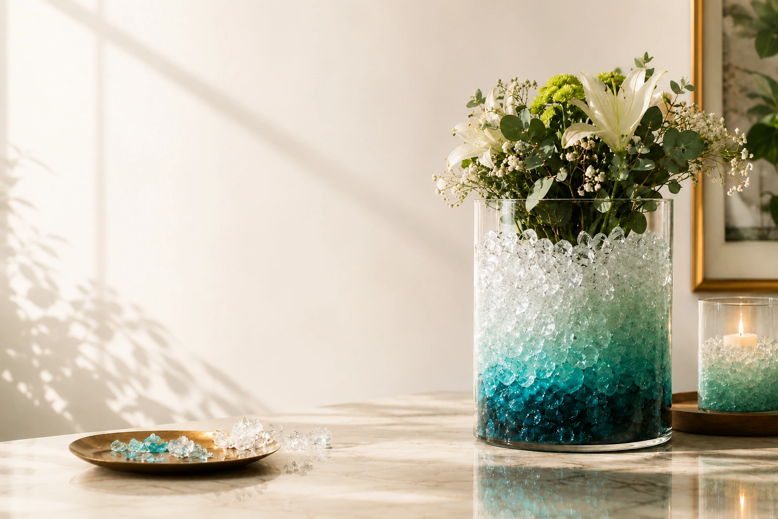 Vase garni de cristaux Cristal Deco transparents et turquoise, surmonté d’un bouquet floral