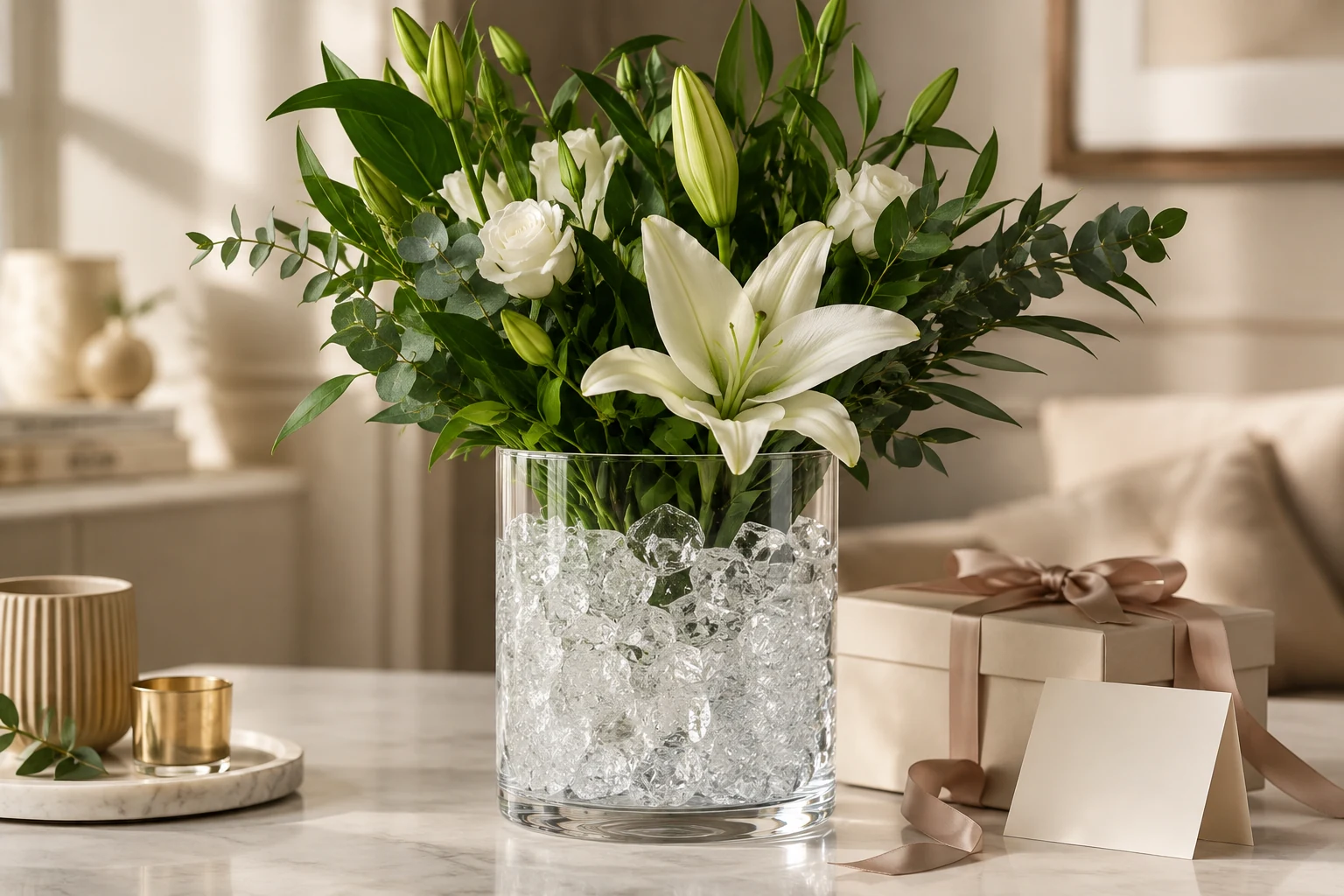 Composition florale dans des cristaux transparents près d’un coffret cadeau