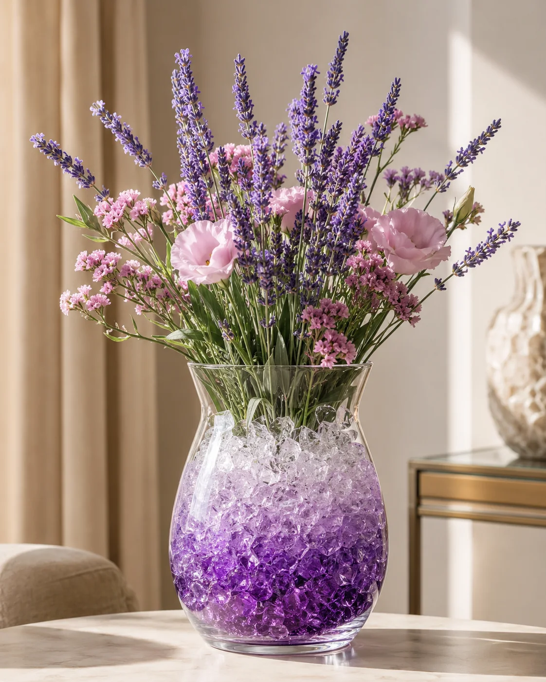 Bouquet violet et rose dans un vase de cristaux en dégradé violet