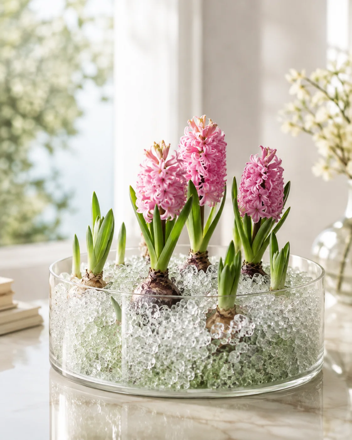 Bulbes fleuris présentés dans des cristaux transparents