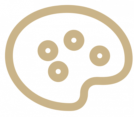 Icône palette artistique dorée mate clair sur fond transparent, symbole de création et de couleur pour Cristal Deco.