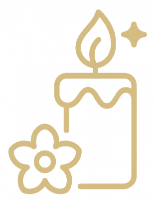 Icône dorée minimaliste représentant une bougie allumée à côté d’une fleur stylisée, symbolisant la lumière, l’élégance et la mise en valeur des compositions Cristal Deco.