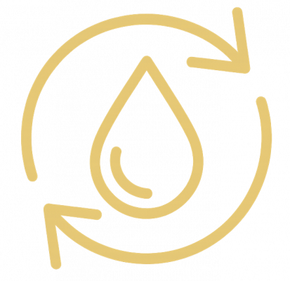 Icône dorée minimaliste représentant une goutte d’eau stylisée entourée d’une flèche circulaire, symbole de réutilisation et d’écologie pour illustrer les grains Cristal Deco.