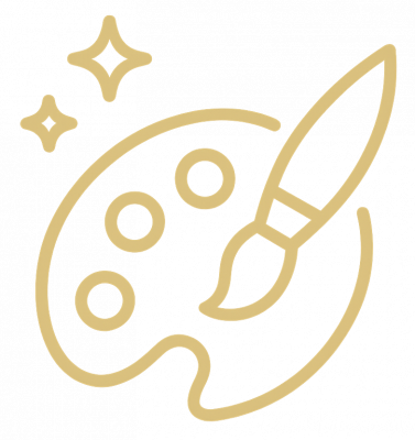 Icône dorée minimaliste représentant une palette de peinture et un pinceau, symbole de décoration et de créativité, utilisée pour illustrer les avantages décoratifs du Cristal Deco.