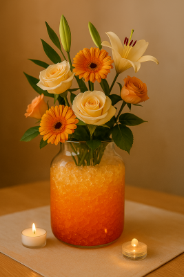 Vase transparent rempli de grains Cristal Deco en dégradé orange, orné de fleurs blanches et orangées et entouré de bougies, création florale lumineuse et chaleureuse.