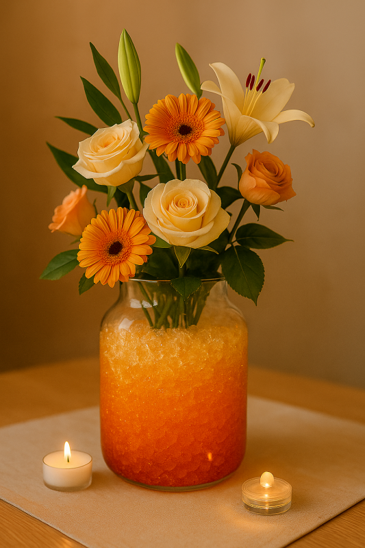 Vase transparent rempli de grains Cristal Deco en dégradé orange, orné de fleurs blanches et orangées et entouré de bougies, création florale lumineuse et chaleureuse.