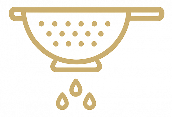 Icône élégante de passoire dorée avec gouttes d’eau – étape Égouttez et colorez les cristaux Cristal Deco